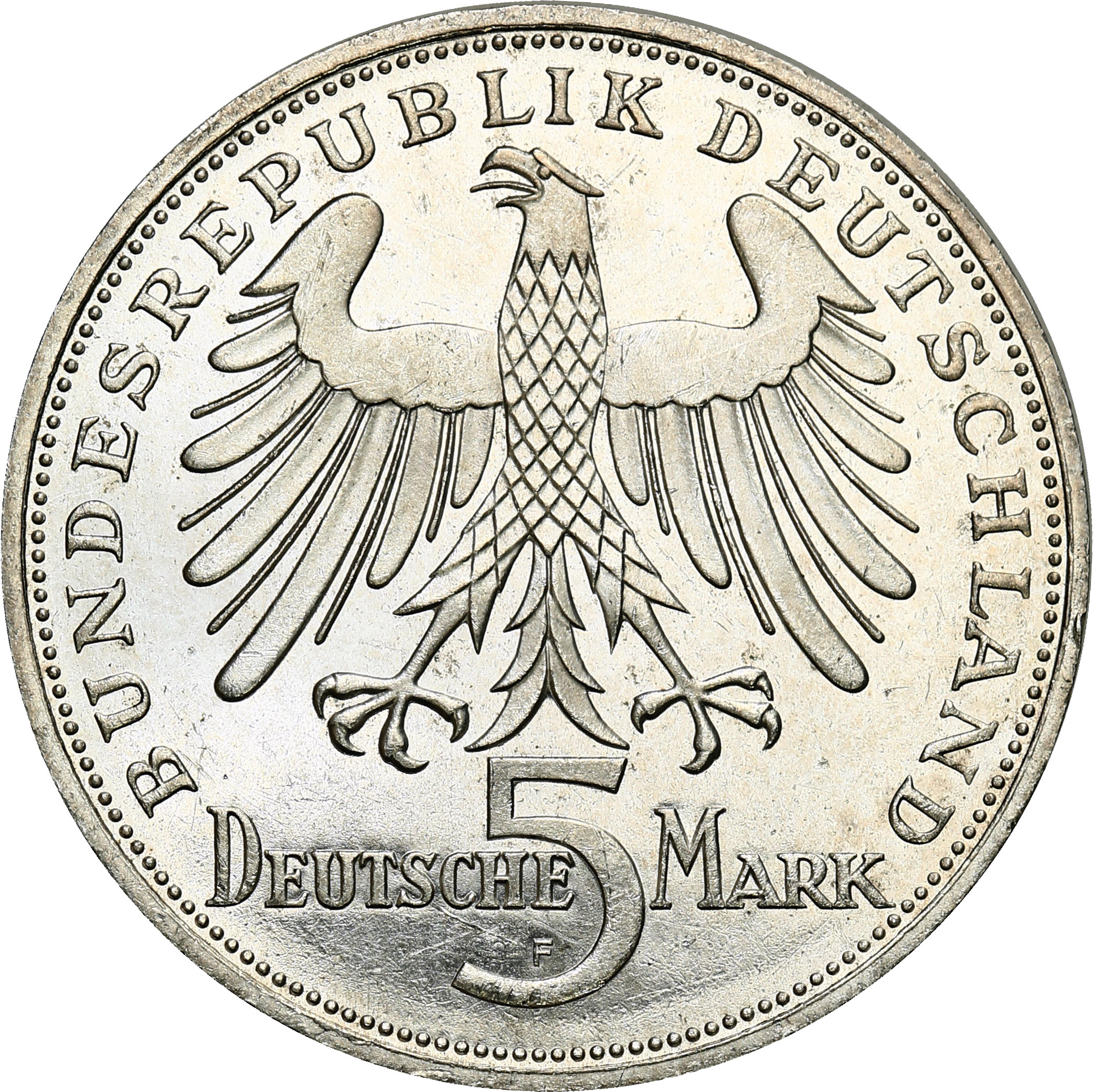 Niemcy. 5 marek 1955 F, Stuttgart - Friedrich von Schiller - STEMPEL LUSTRZANY